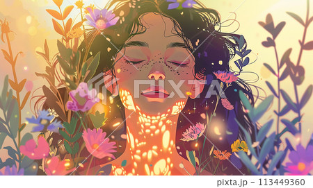 A woman with long hair is surrounded by flowers. The flowers are in various colors and sizes, and they are scattered throughout the image. The woman is in a peaceful and serene state 113449360