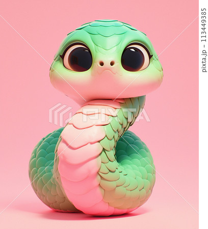 2025 A 3D cute cartoonish green and pink snakeのイラスト素材