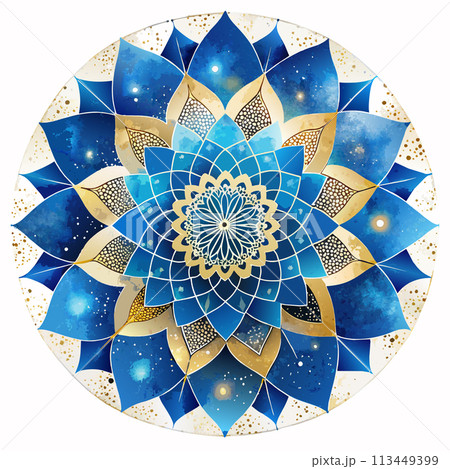A blue and gold mandala with a white background 113449399