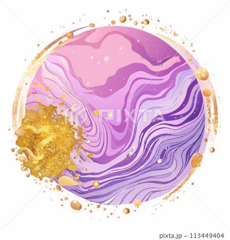 Mauve liquid watercolor background with golden glitter lines round, purple and gold object with a gold rim. The gold rim is slightly raised, giving the object a sense of depth Mauve liquid watercolor background with golden glitter lines round, purple and gold object with a gold rim. The gold rim is slightly raised, giving the object a sense of depth 113449404