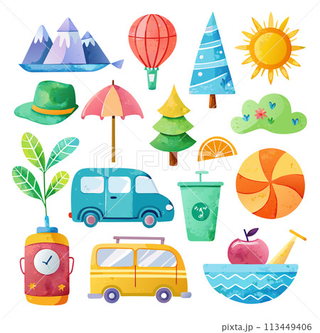 A collection of colorful illustrations of various modes of transportation and landmarks from around the world. Scene is one of adventure and exploration