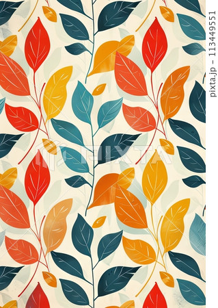Repeating pattern of colorful leaves. Retro-style design for wallpaper, background, template for cover. Kaleidoscope of colors 113449551