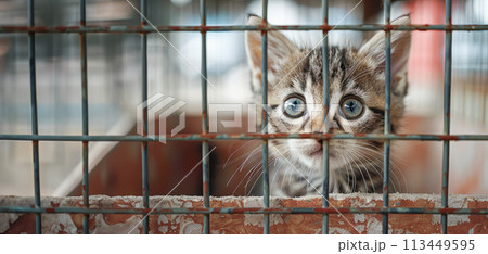 A kitten with striking eyes peers through the bars of a shelter, a picture of innocence and hope for a forever home. 113449595