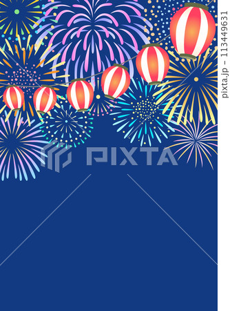 打ち上げ花火と提灯の背景イラスト　縦 113449631