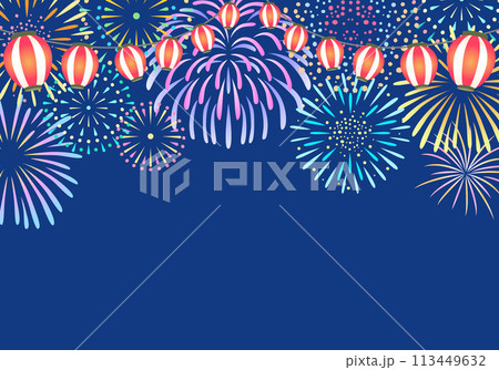 打ち上げ花火と提灯の背景イラスト　横 113449632