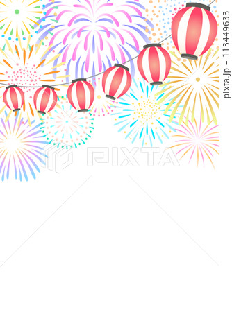 打ち上げ花火と提灯の背景イラスト　縦 113449633