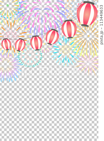 打ち上げ花火と提灯の背景イラスト　縦 113449633