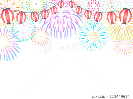 打ち上げ花火と提灯の背景イラスト　横 113449634