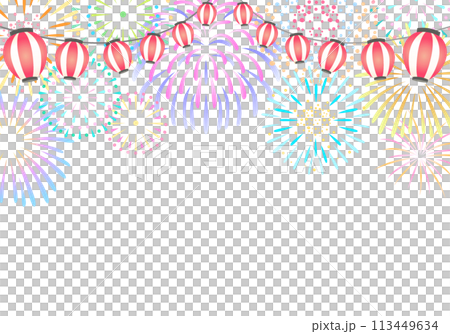打ち上げ花火と提灯の背景イラスト　横 113449634