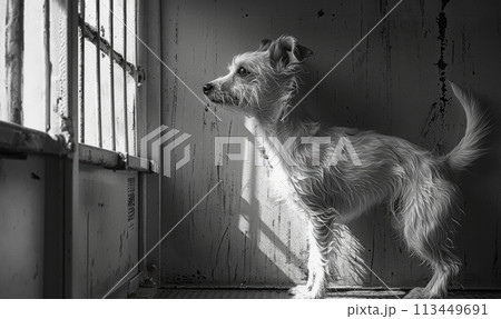 Black and white image of a solitary dog in a kennel looking out to the light, evoking feelings of hope and anticipation for a brighter future Black and white image of a solitary dog in a kennel looking out to the light, evoking feelings of hope and anticipation for a brighter future 113449691