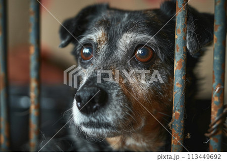 Close-up of a dog's earnest gaze behind the rusted bars of a shelter, symbolizing the need for compassion and a forever home Close-up of a dog's earnest gaze behind the rusted bars of a shelter, symbolizing the need for compassion and a forever home 113449692