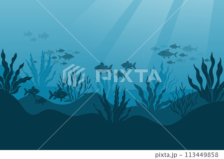 Underwater ocean landscape, algae and reefs, silhouette of a school of fish. Seabed background with ocean flora and fauna, corals, silhouettes of sea animals. Vector 113449858
