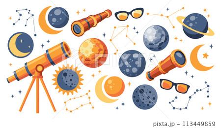 Solar eclipse set. Telescope, spyglass, planets, solar eclipse, moon, glasses. Cute illustration for kids education at school, stickers, scrapbooking, nursery room. Vector Solar eclipse set. Telescope, spyglass, planets, solar eclipse, moon, glasses. Cute illustration for kids education at school, stickers, scrapbooking, nursery room. Vector 113449859