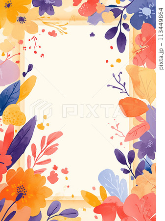 A colorful frame with flowers and leaves surrounding a white background. The frame is designed to be used as a canvas for painting or drawing 113449864