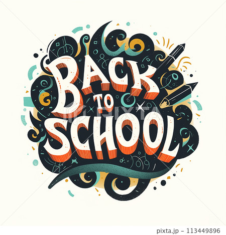 Back to school is a fun and colorful logo that is perfect for a school-related event or advertisement. The design features a large circle with various writing and illustrations 113449896