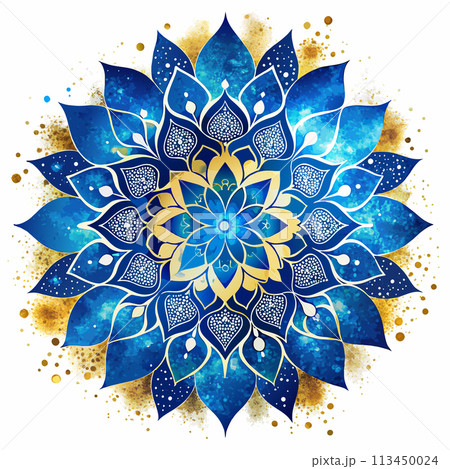 A blue and gold mandala with a white background 113450024
