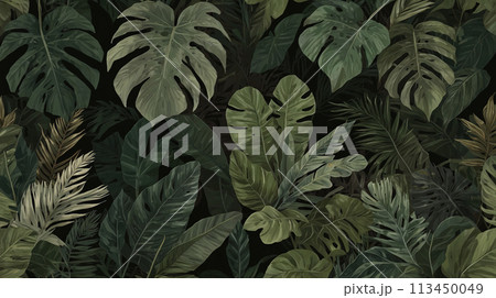 Dark botanical background from green big smooth leaves, green tropical. Generative AI Dark botanical background from green big smooth leaves, green tropical. Generative AI 113450049