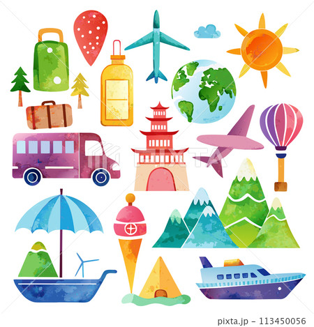 A collection of colorful illustrations of various modes of transportation and landmarks from around the world. Scene is one of adventure and exploration