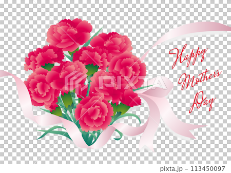 母親節紅色康乃馨花束和粉紅絲帶的向量圖解 113450097
