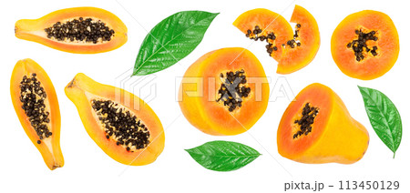 half of ripe papaya isolated on a white background. Top view. Flat lay half of ripe papaya isolated on a white background. Top view. Flat lay 113450129
