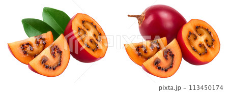 Fresh tamarillo fruit with leaves isolated on white background 113450174