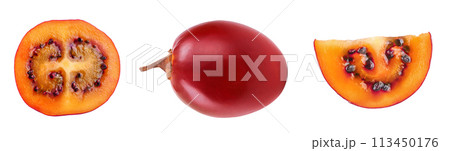 Fresh tamarillo half fruit isolated on white background Fresh tamarillo half fruit isolated on white background 113450176