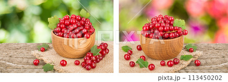 Red currant berries in wooden bowl on wooden table with blurry garden background Red currant berries in wooden bowl on wooden table with blurry garden background 113450202