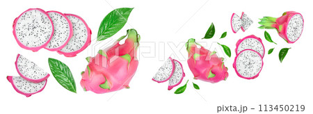 Dragon fruit, Pitaya or Pitahaya with leaf isolated on white background. Top view. Flat lay 113450219