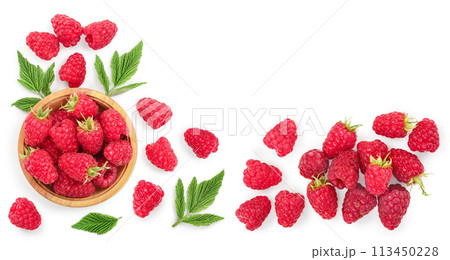 raspberries in wooden bowl with leaves isolated on white background with copy space for your text. Top view. Flat lay pattern raspberries in wooden bowl with leaves isolated on white background with copy space for your text. Top view. Flat lay pattern 113450228