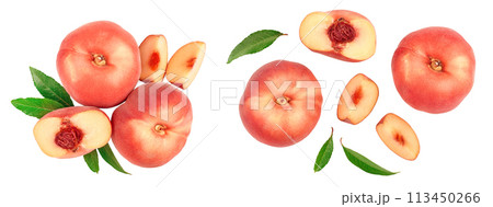 Ripe chinese flat peach fruit and half with leaf isolated on white background. Top view. Flat lay 113450266