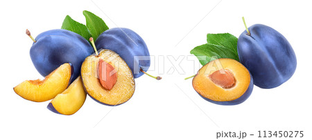 fresh blue plum and slices with leaves isolated on white background 113450275