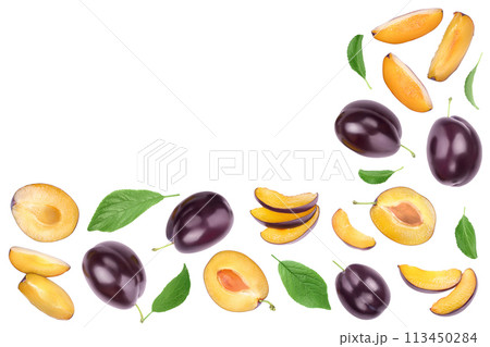 fresh purple plum and half isolated on white background with copy spase for your text. Top view. Flat lay 113450284
