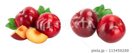 fresh red plum and slice with leaves isolated on white background 113450289