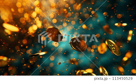 Golden Bitcoin Shower blurred background Golden Bitcoin Shower blurred background 113450529