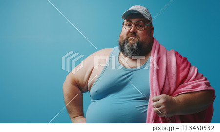 A fat man is tired after training, on a blue background. A fat man is tired after training, on a blue background. 113450532