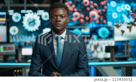 Serious News Anchor Ready for Evening Broadcast Serious News Anchor Ready for Evening Broadcast 113450552