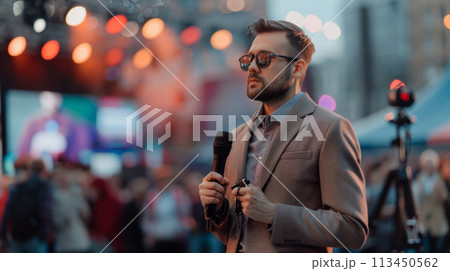 Reporter Covering Evening Cultural Festival Live 113450562