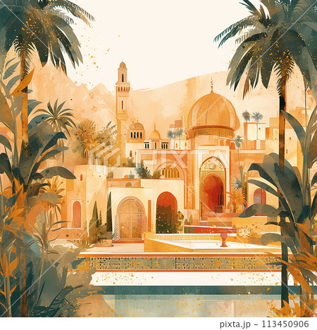 Morocco A painting of a city with a large building in the center. The building has a dome on top and is surrounded by palm trees. The painting has a warm, tropical feel to it 113450906