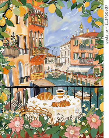 A painting of a city with a table and chairs on a balcony. The table has a plate of croissants and two cups. The mood of the painting is peaceful and relaxing 113450907