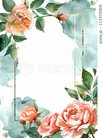 A watercolor painting of a rose bouquet with a gold frame. The flowers are pink and green, and the frame is gold. The painting has a serene and calming mood, with the flowers 113450909