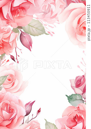Frame border beautiful bouquet of pink roses is framed by a white background. The roses are arranged in a way that creates a sense of harmony and balance, with each flower complementing the others 113450911