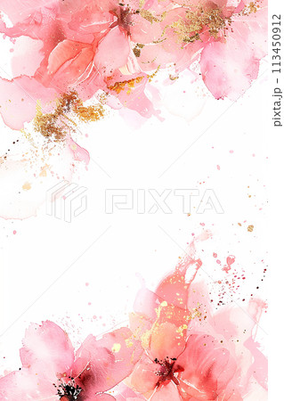 A watercolor painting of pink flowers with gold accents. The flowers are arranged in a way that creates a sense of movement and flow. The gold accents add a touch of elegance. Overall 113450912