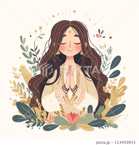 A woman with long hair is praying in a garden. The image has a peaceful and calming mood, with the woman's serene expression and the lush green surroundings 113450913
