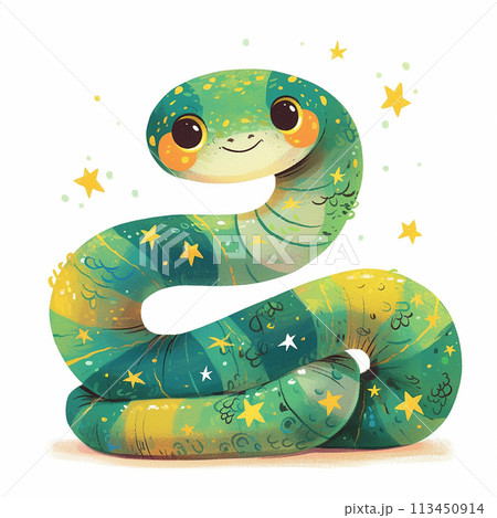 2025 A green snake with yellow stripes and stars on its body. The snake is smiling and he is happy 113450914