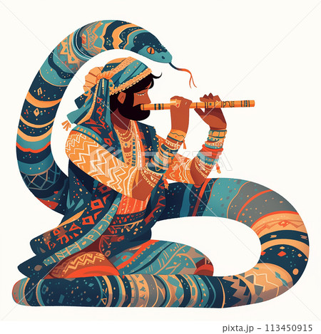 A man playing a flute next to a large blue snake. The snake is curled up and the man is sitting on the ground 113450915