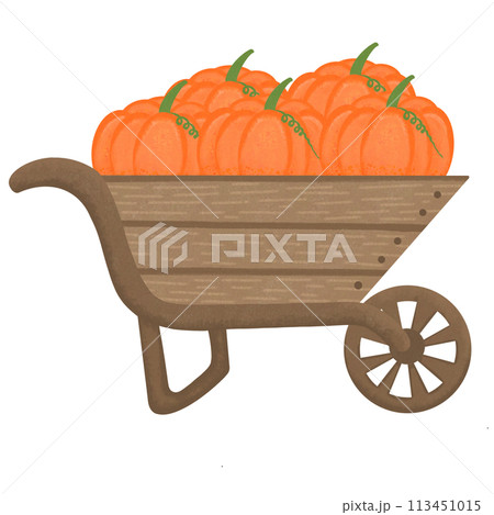 Cartoon wooden wheelbarrow with pumpkins full of the wheelbarrow. 113451015
