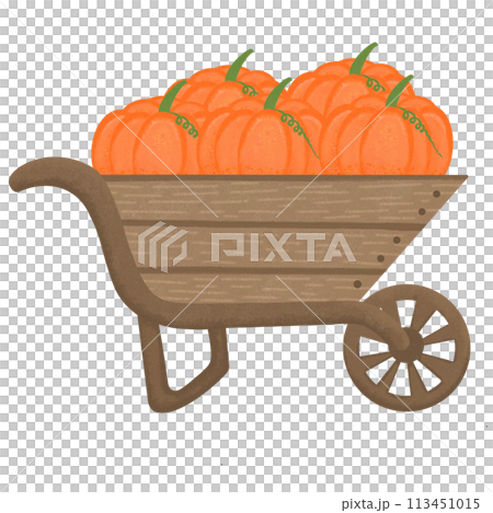 Cartoon wooden wheelbarrow with pumpkins full of the wheelbarrow. 113451015