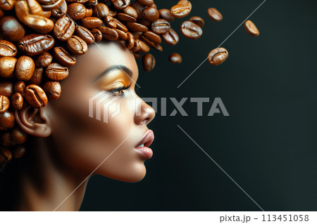 Woman with a surreal hairdo made of coffee beans over black background with copy space Woman with a surreal hairdo made of coffee beans over black background with copy space 113451058