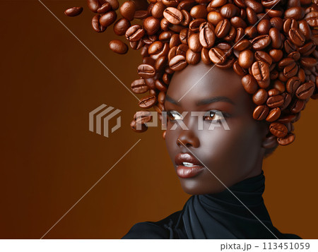 Elegant woman with a coffee beans surreal hairdo on a brown background with copy space Elegant woman with a coffee beans surreal hairdo on a brown background with copy space 113451059