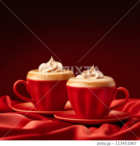 Two red cups with creamy coffee on a silk background with copy space 113451067